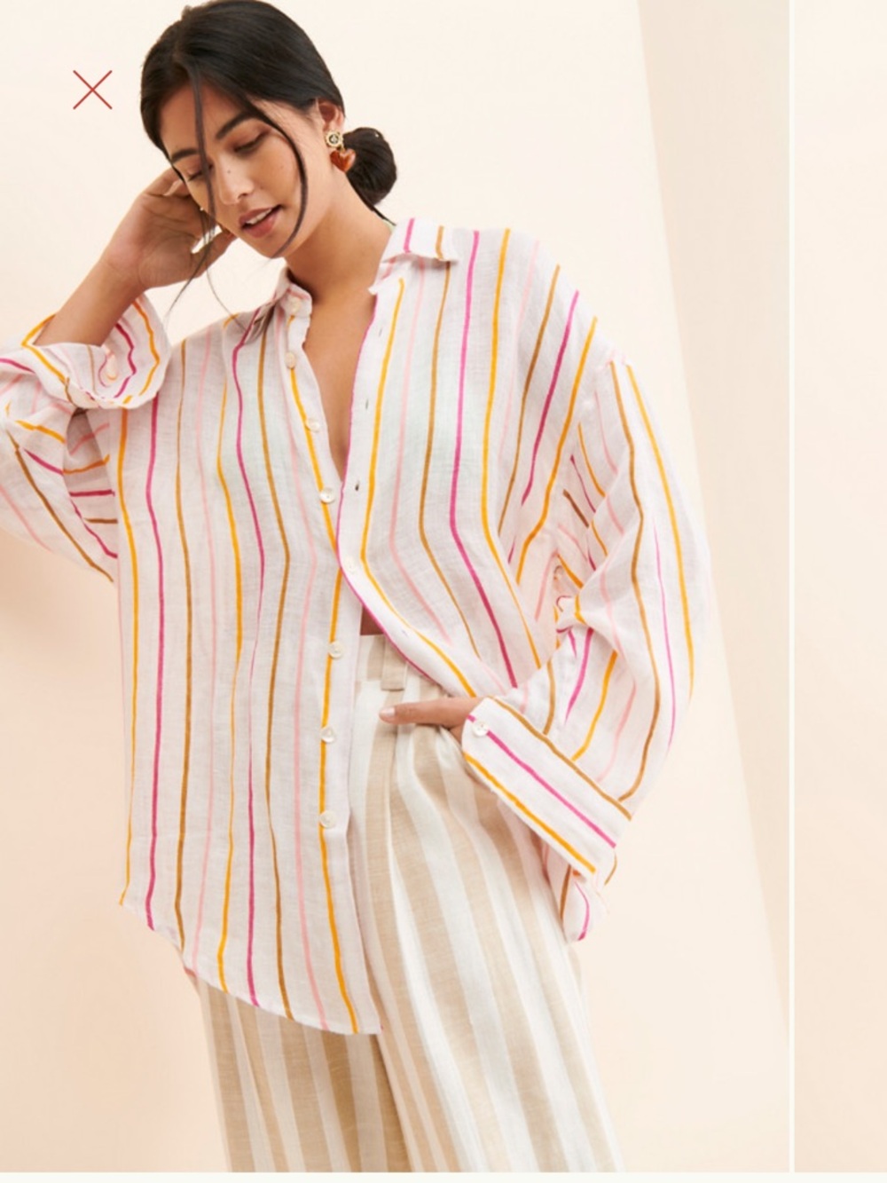 Vitamin A White Linen-Blend Oversized Pajama Shirt with Pink & Yellow Stripes